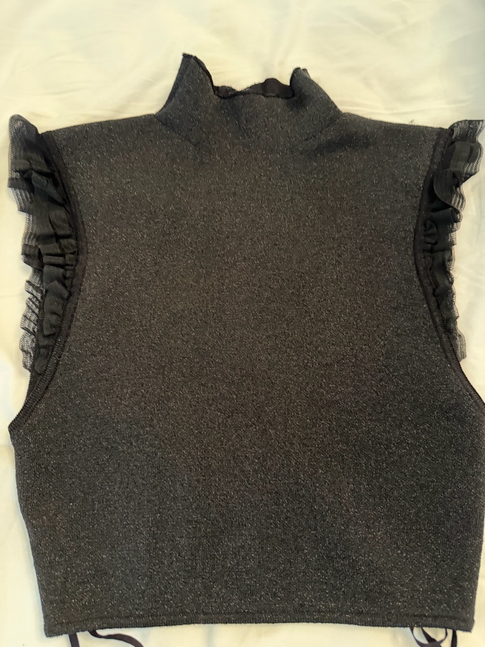 Alice + Olivia Black Metallic Mock Neck Ruffle Sleeve Crop Top - Picture 2 of 3